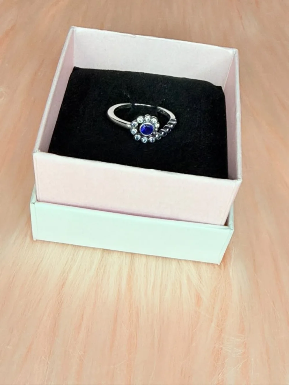 Pandora Sterling Silver Ring with Blue Center and Halo Accents
